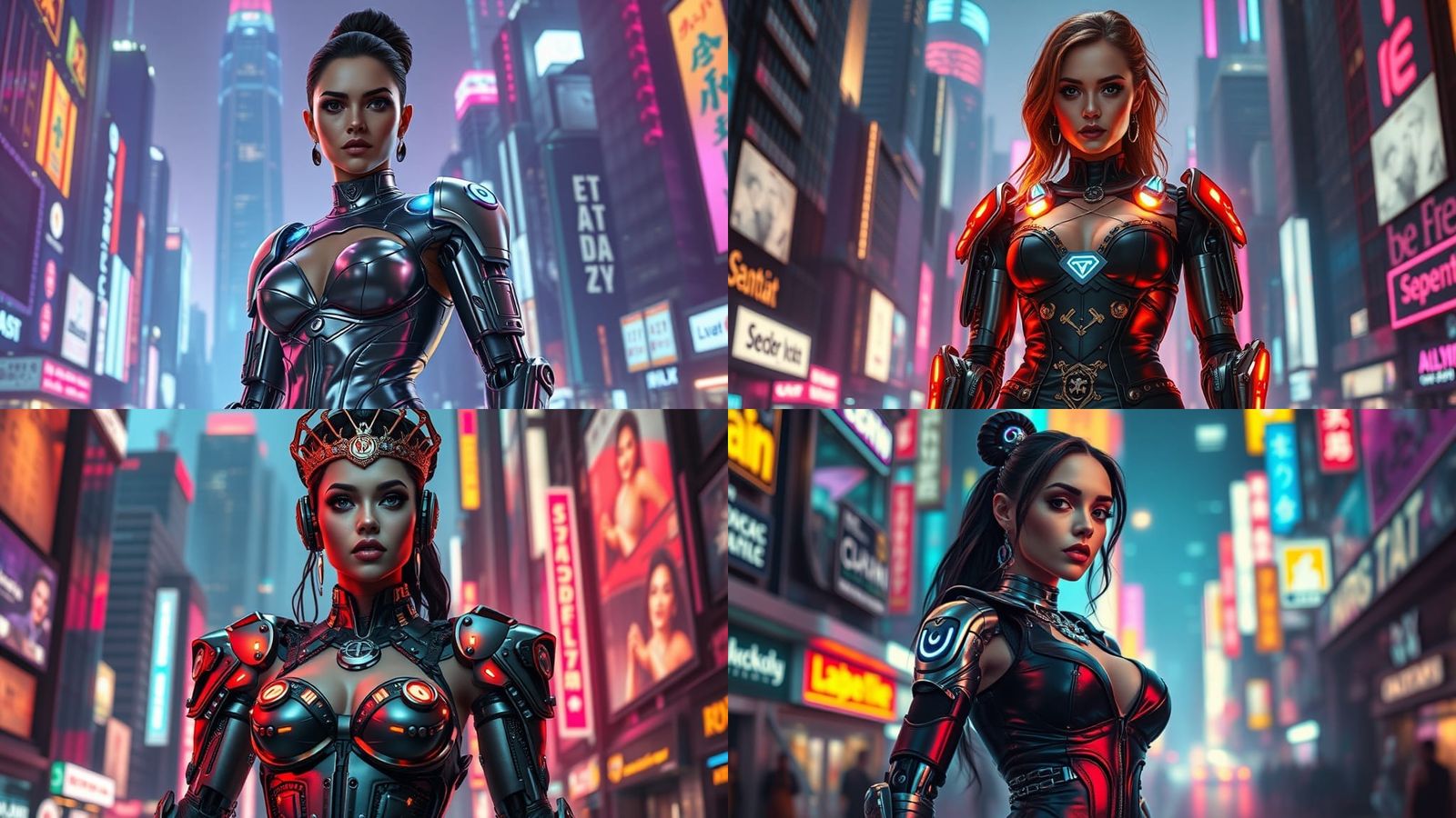 Cyberpunk Queen with Robotic Arms in Neon Cityscape