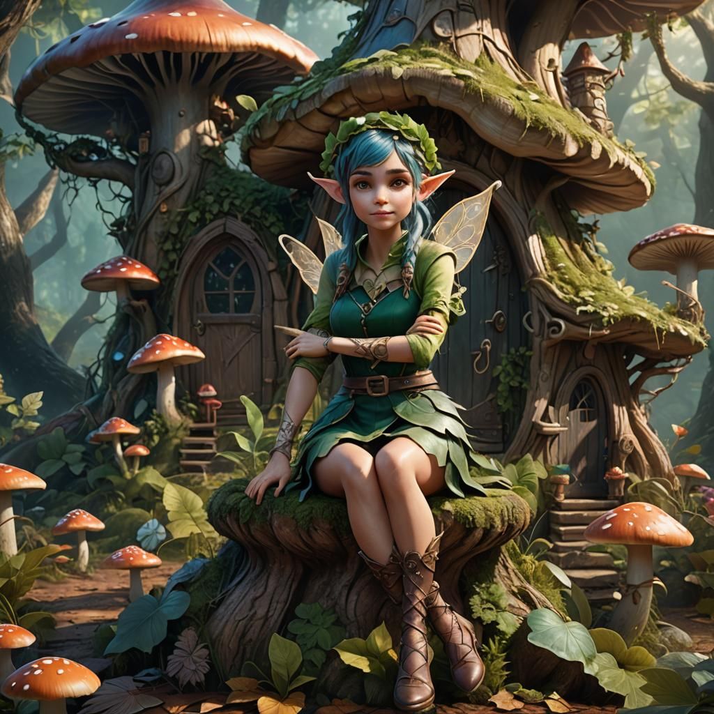 Pixie Fairy on Mushroom in Fantasy Forest