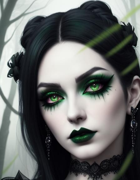 Ethereal gothic young lady with long black hair and green eyes with green eyeshadow with black eyeliner and black lipsti...