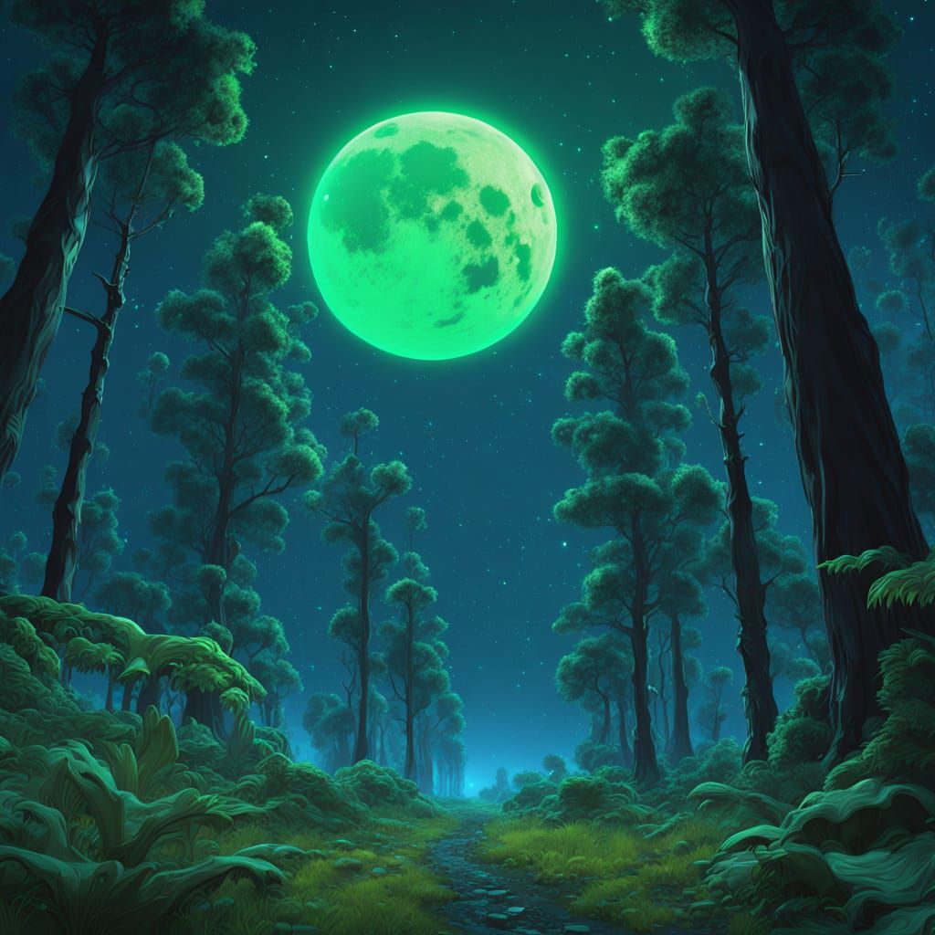 Surreal Alien Forest Landscape with Glowing Moons and Stars