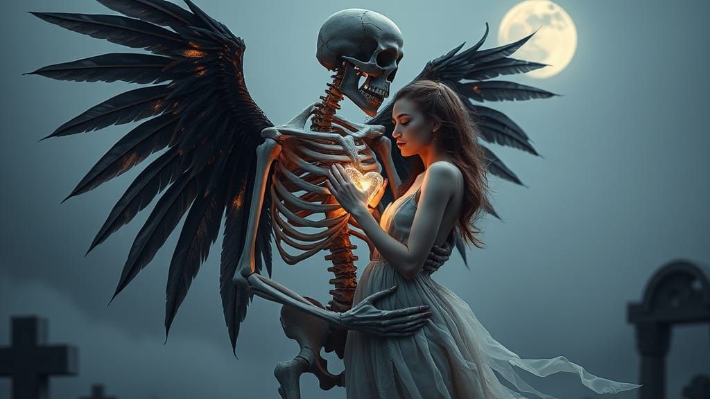 Ethereal Embrace: Skeletal Figure and Woman in Gothic Fantas...