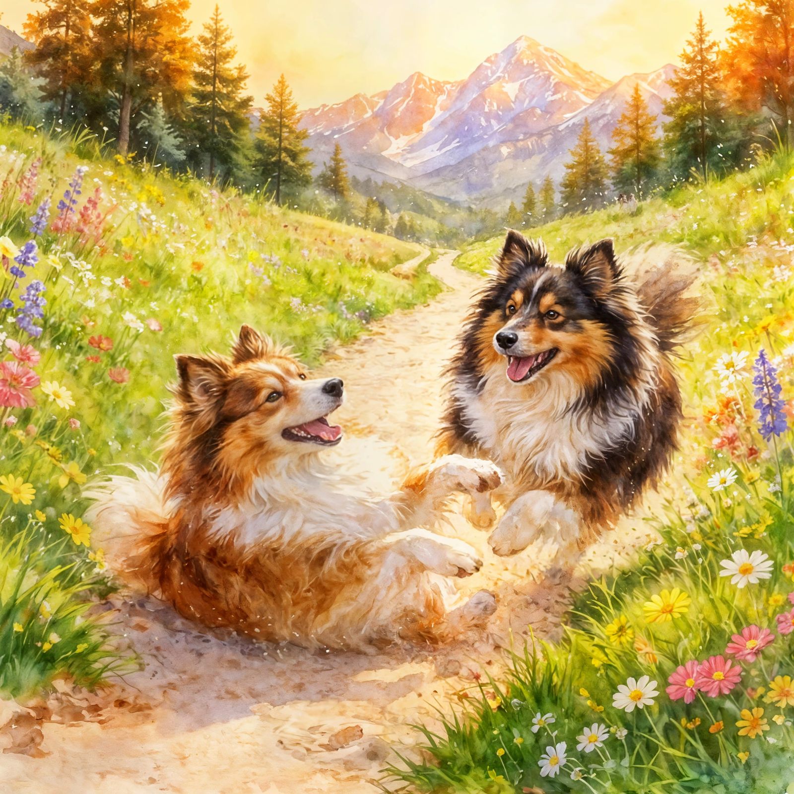 Two Shelties Joyfully Running in a Mountain Meadow