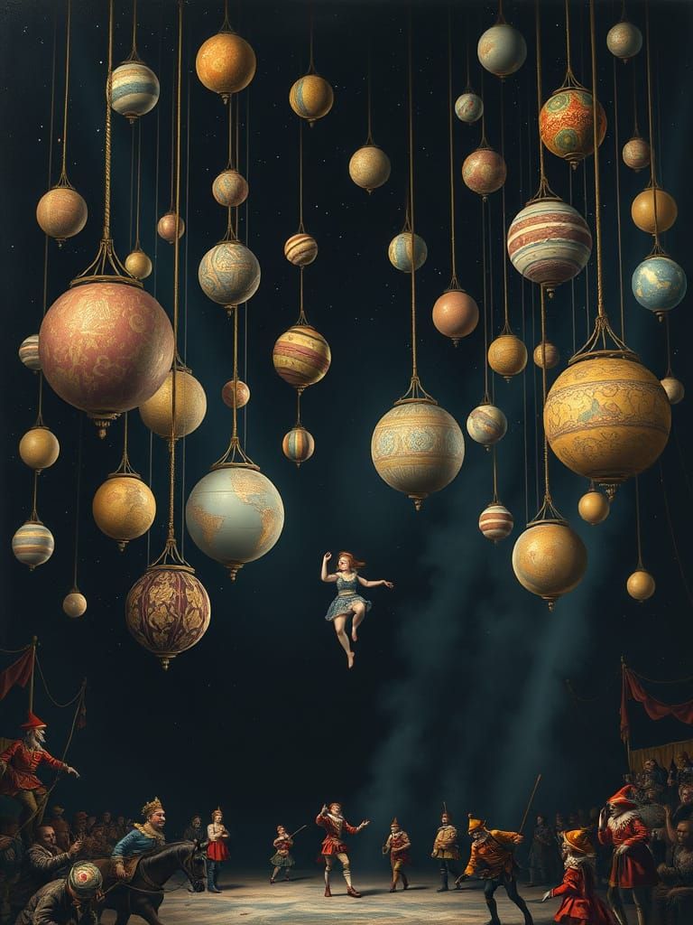 Cosmic Void with Celestial Spheres Above Surreal Circus