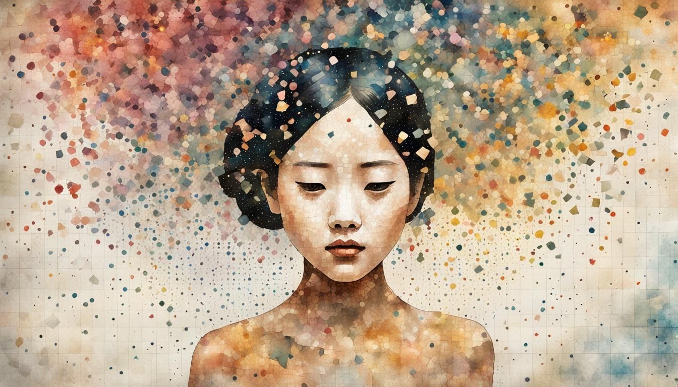 Japanese Girl in Confetti Shower: Mosaic Collage Style