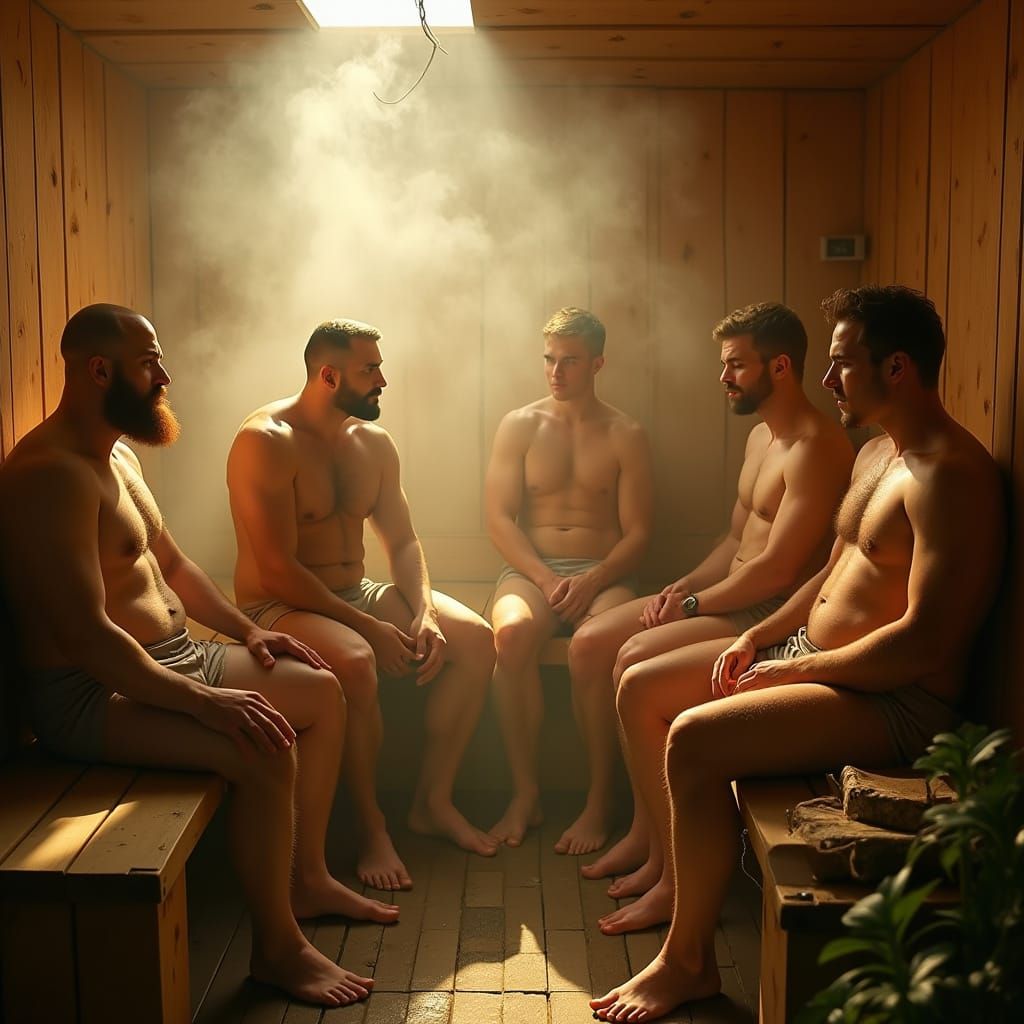 Men Gather in a Warm Russian Banya Scene