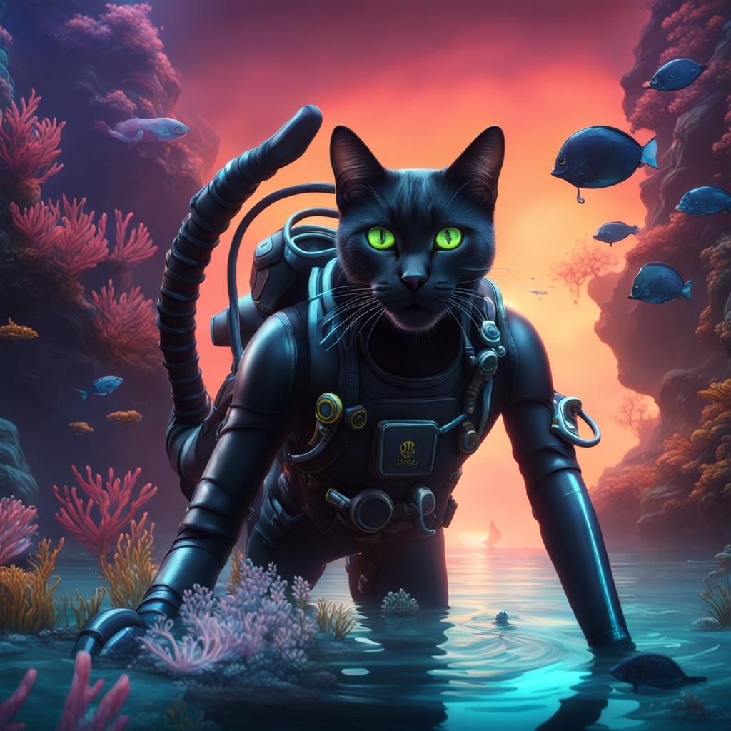 Scuba Diving Cat in Detailed Digital Painting