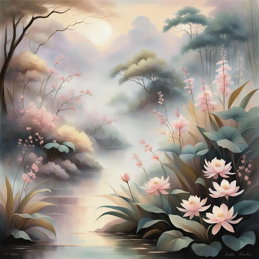 Ethereal Flowers in Mystical Asian Setting