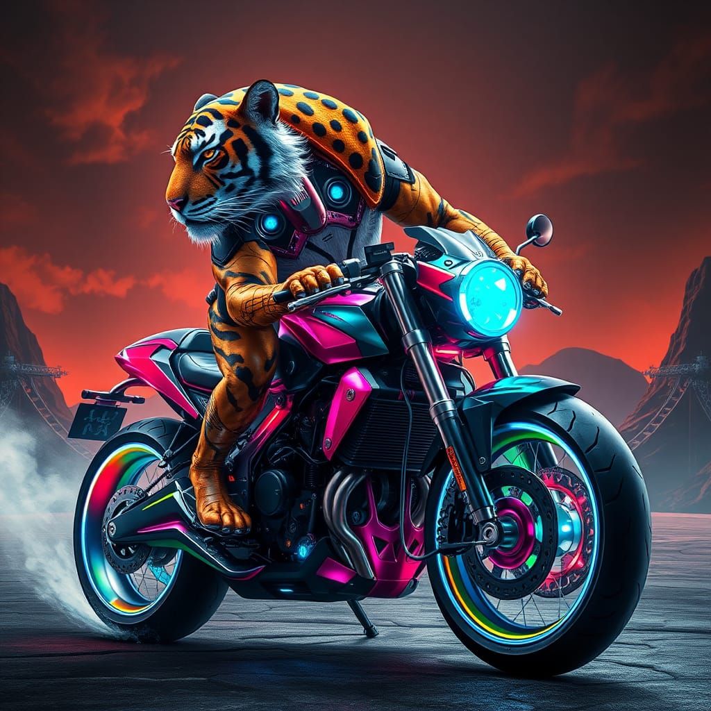 Tiger Motorcycle Hybrid in Futuristic Landscape