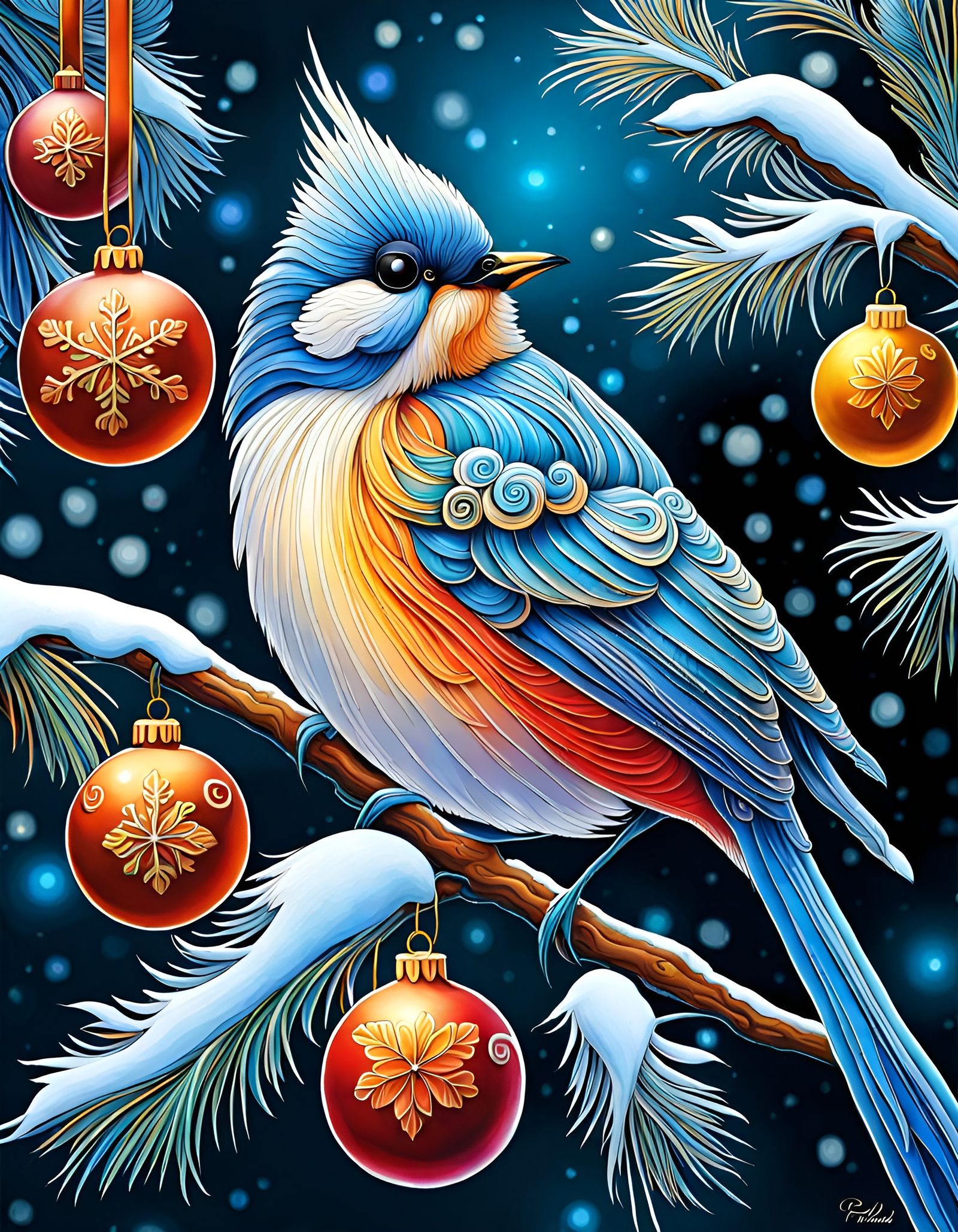 Mystical Christmas Bird with Snow Flowers in Art Nouveau Sty...