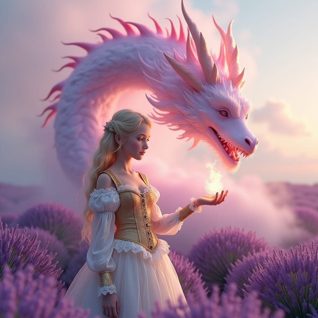 Girl and Dragon in Dreamlike Renaissance Scene