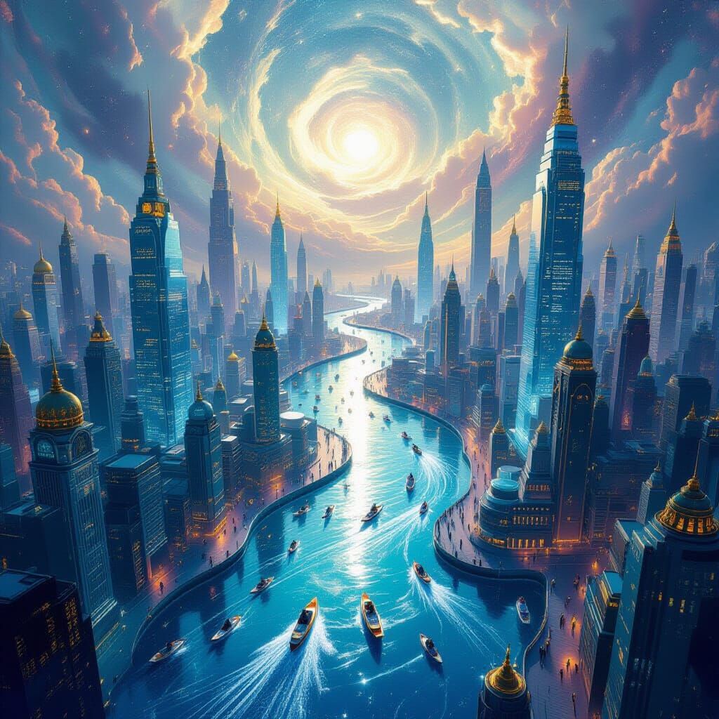 Gemstone Cityscape with Rivers of Light