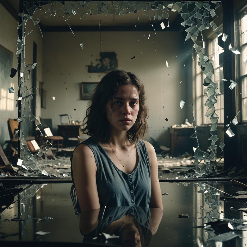Model in Abandoned Studio with Shattered Mirror