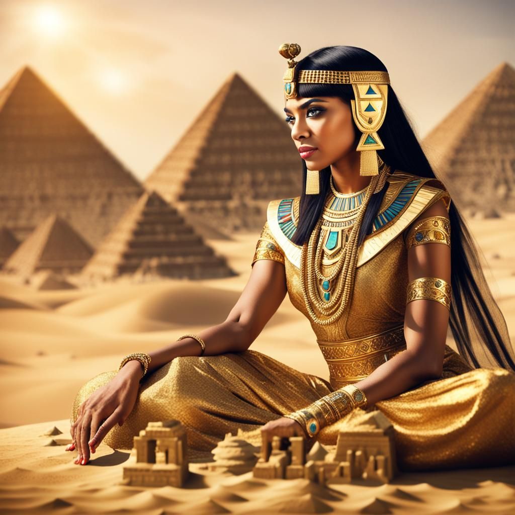 Cleopatra in Gold and Jewels with Pyramids