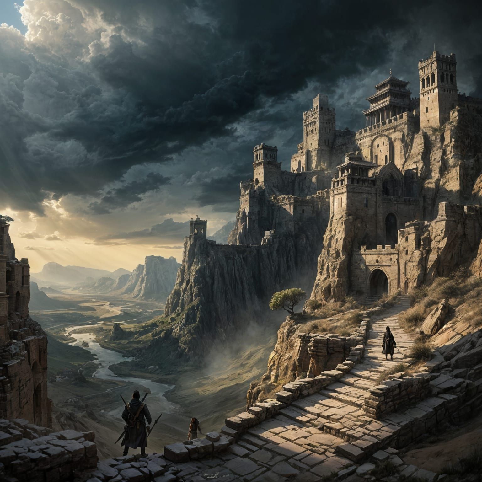 Han Dynasty Soldiers Observe Castle Ruins in Dark Fantasy Ar...