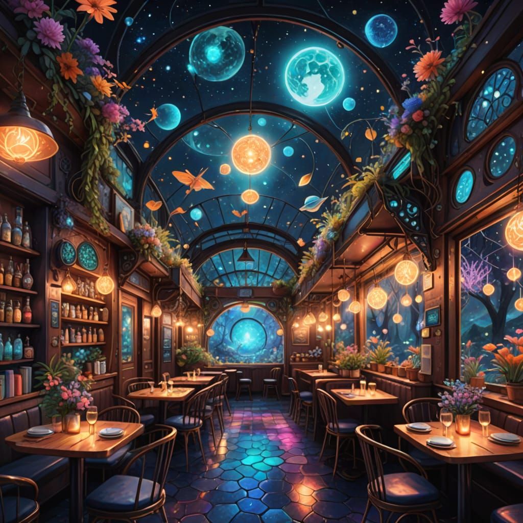 Magical Bioluminescent Cafe with Flowers