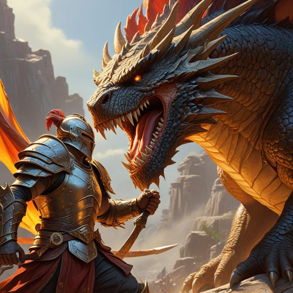 Epic Warrior Dragon Fight: Fantasy Oil Painting