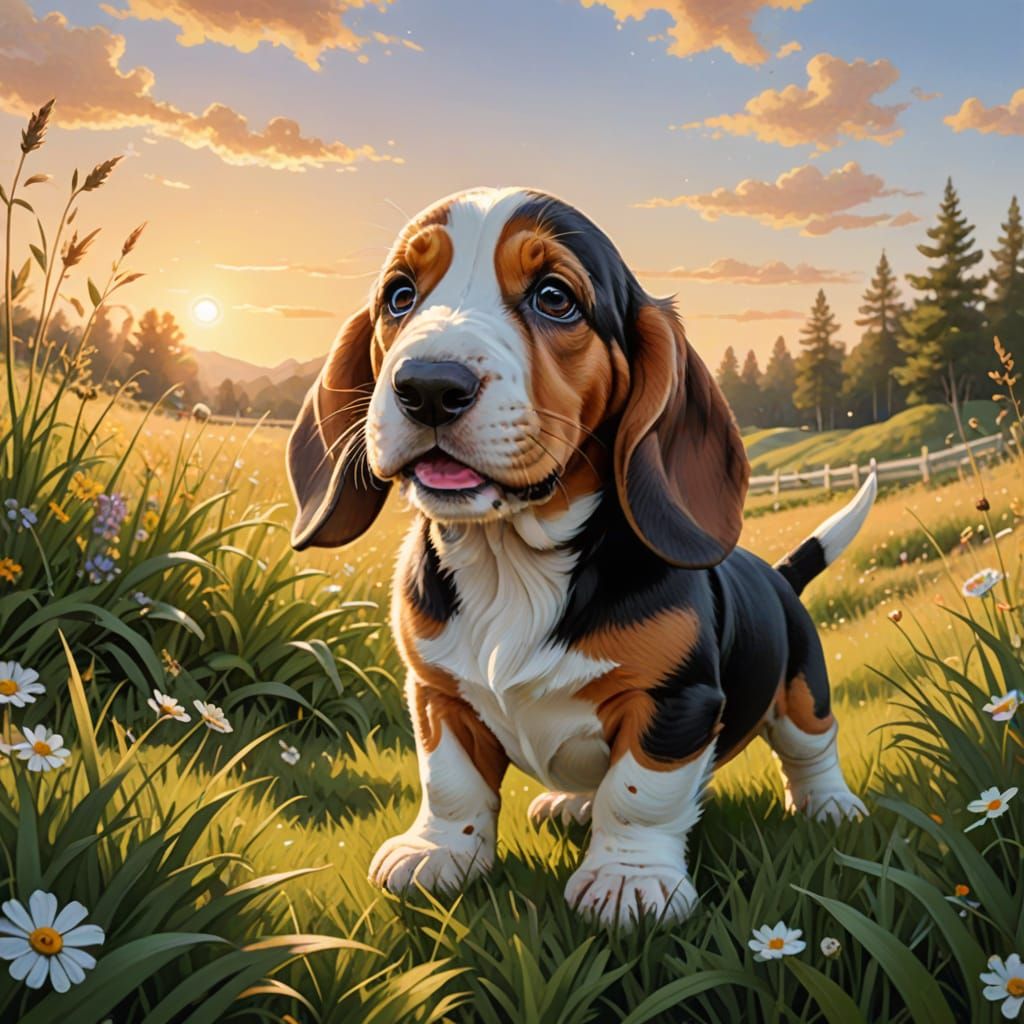 Adorable Baby Basset Hound in Golden Hour Sunlight
