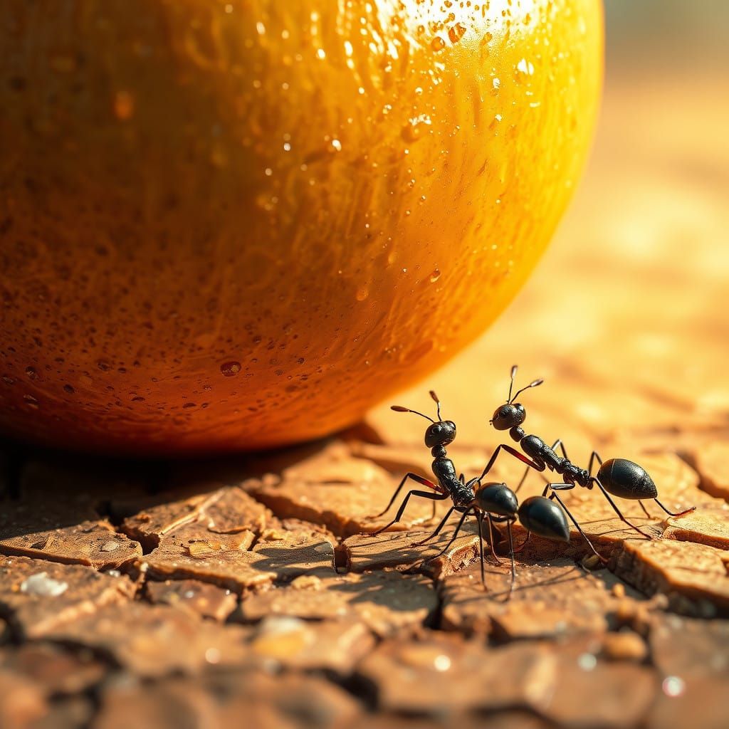 Ants Marvel at Oversized Fruit in Vibrant Landscape