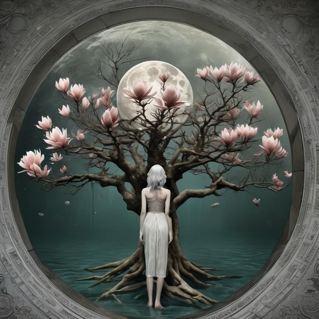 Underwater Full Moon Illuminates Fractal Magnolia Tree