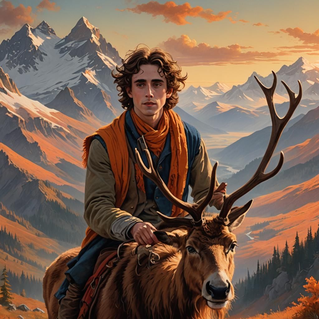 Young Man on Reindeer, Book Illustration Style