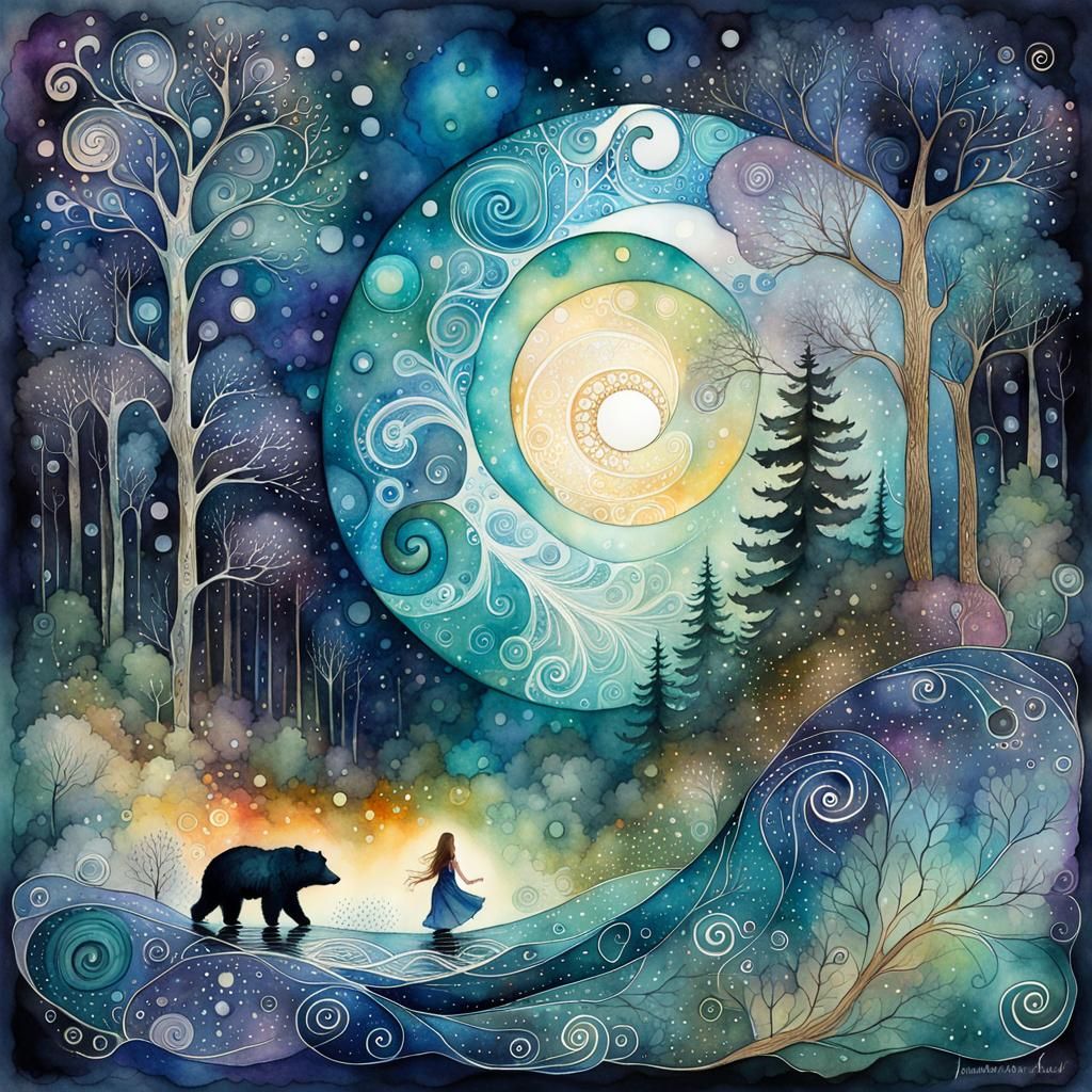 Girl and Bear: Art Nouveau Fairytale Illustration