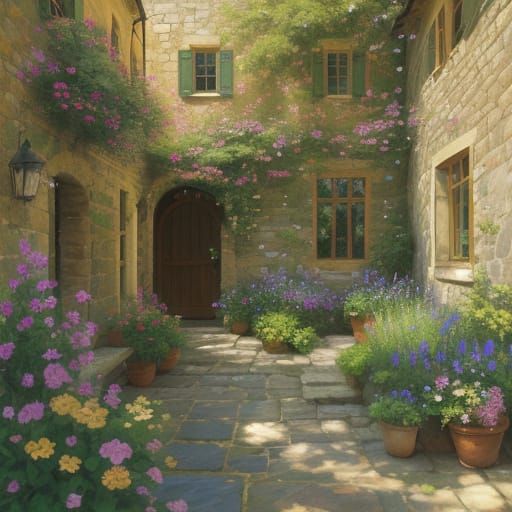 Impressionist Oil Painting of a Sunny Courtyard