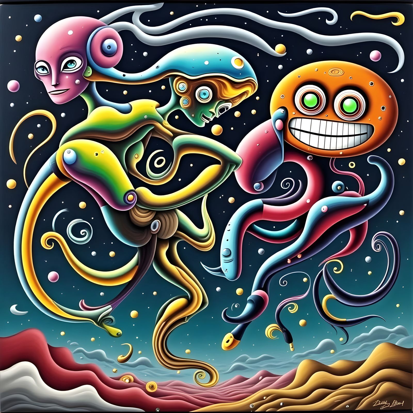 Vibrant Surrealist Robots in Charcoal and Psychedelic Colors