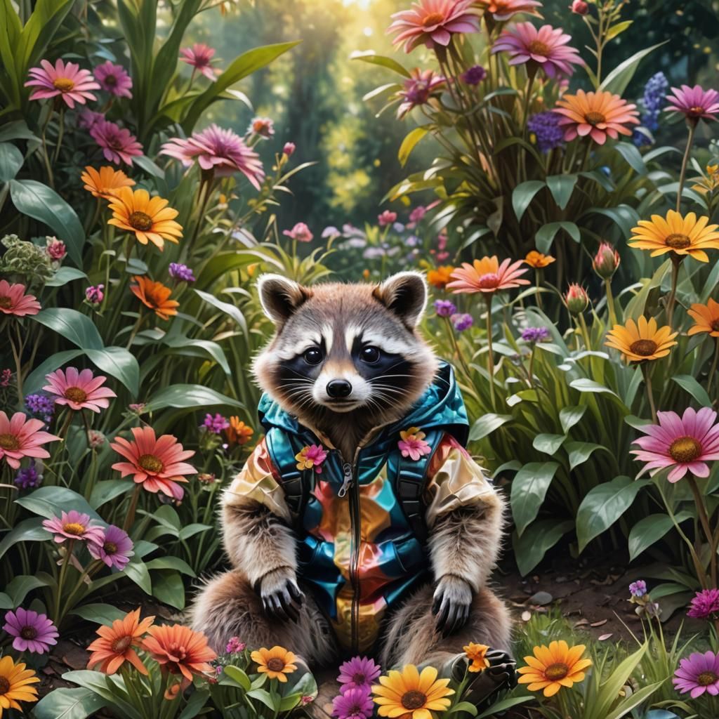 Baby Raccoon Costume in a Flower Garden