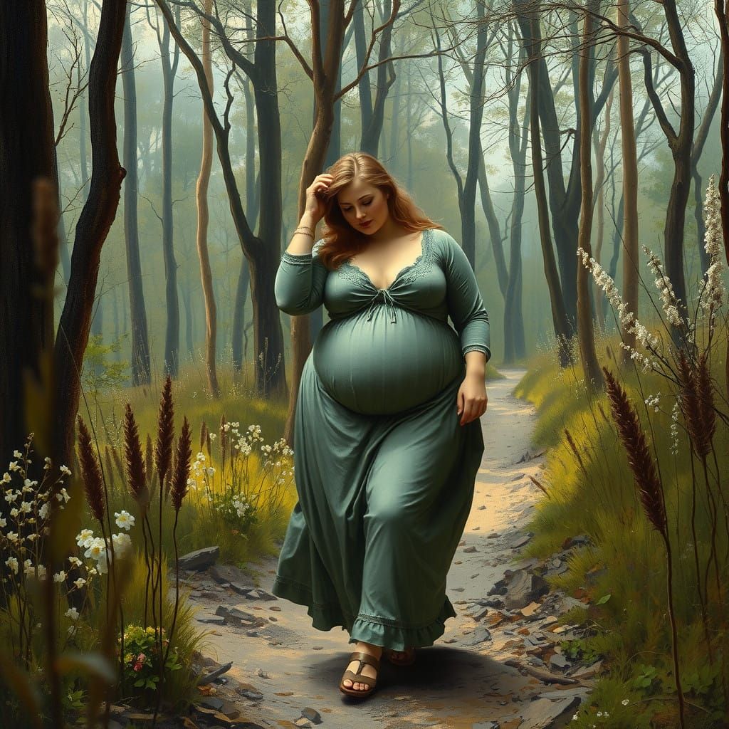 Lush Spring Landscape with a Beautiful Woman in Harmony with...