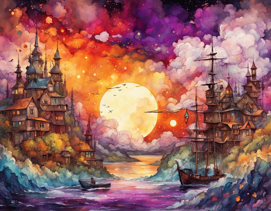 Epic Sunset Sailboat in Alcohol Ink and Watercolor
