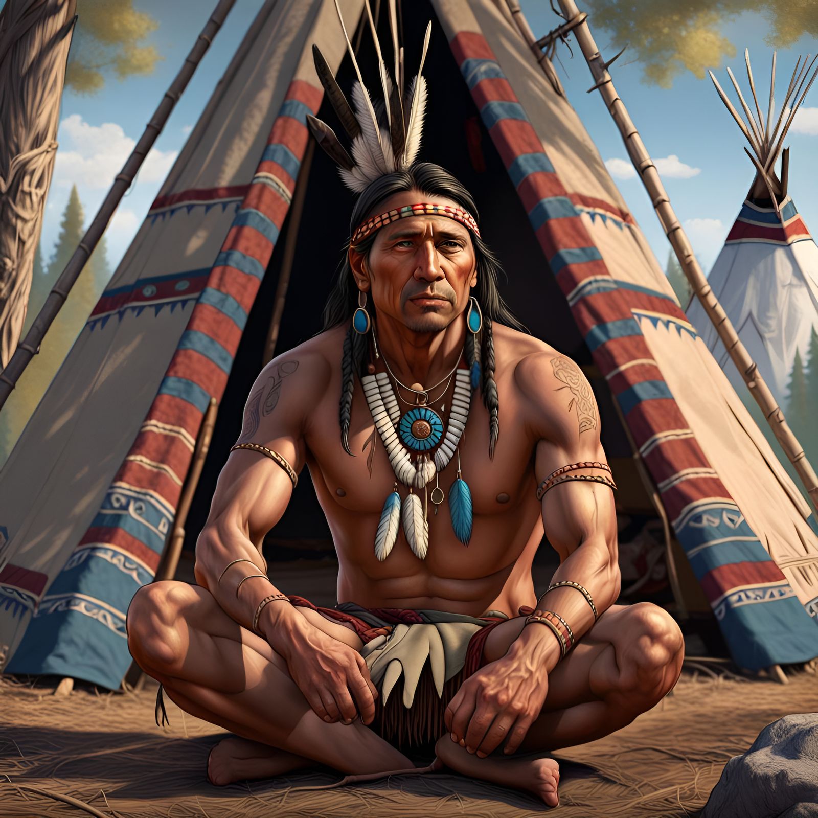 Native American Man by Teepee in Rich Colors