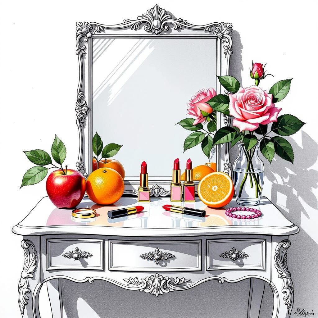 Dressing Table Still Life in Art Nouveau Pencil Sketch