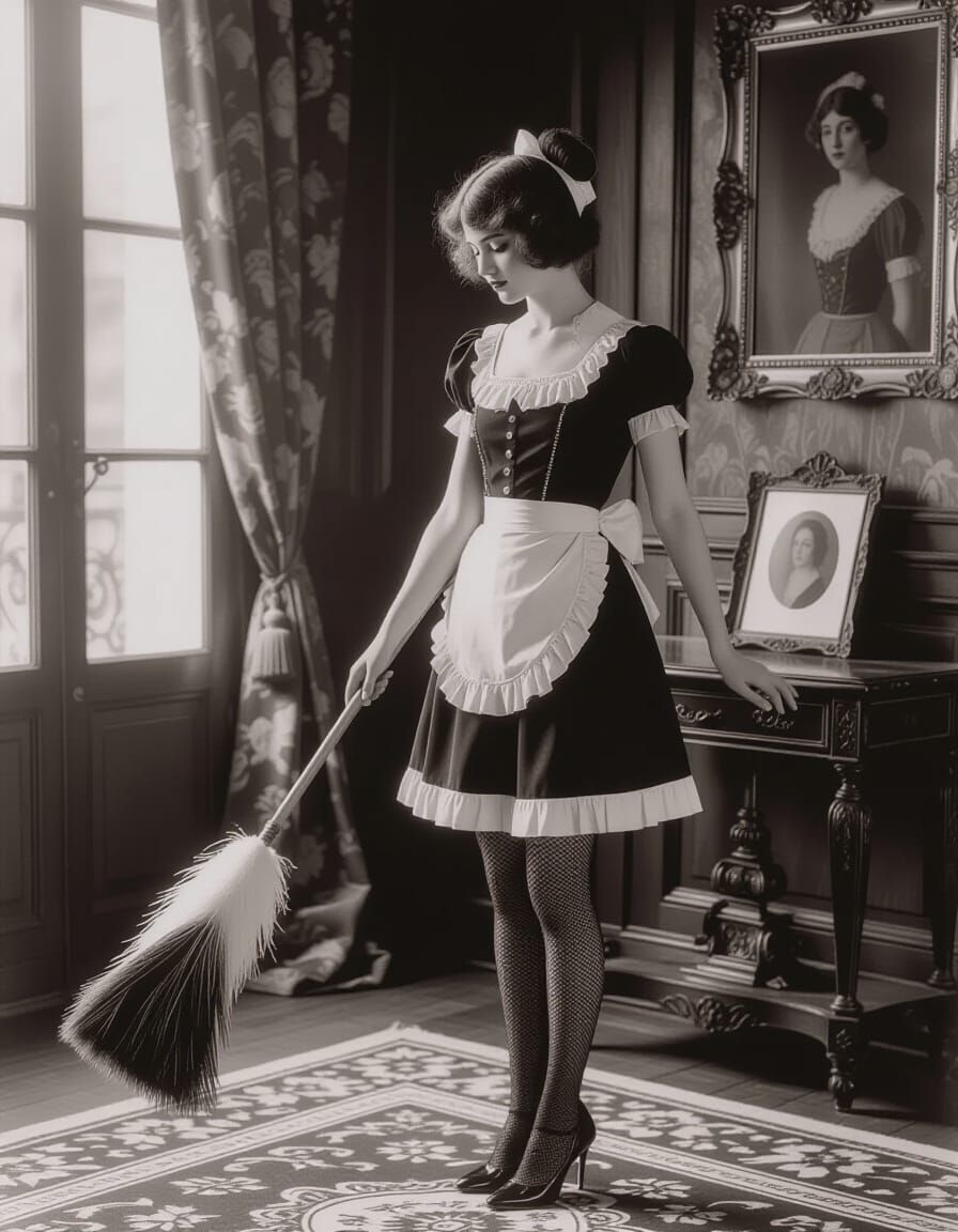 1920s French Maid Dusting Study