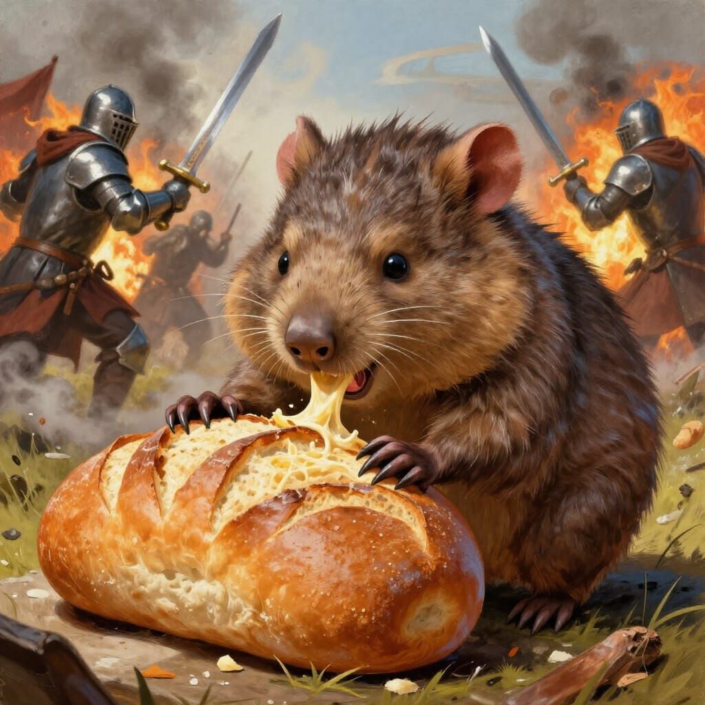 Wombat Eats Giant Bread Amidst Epic Medieval Battle
