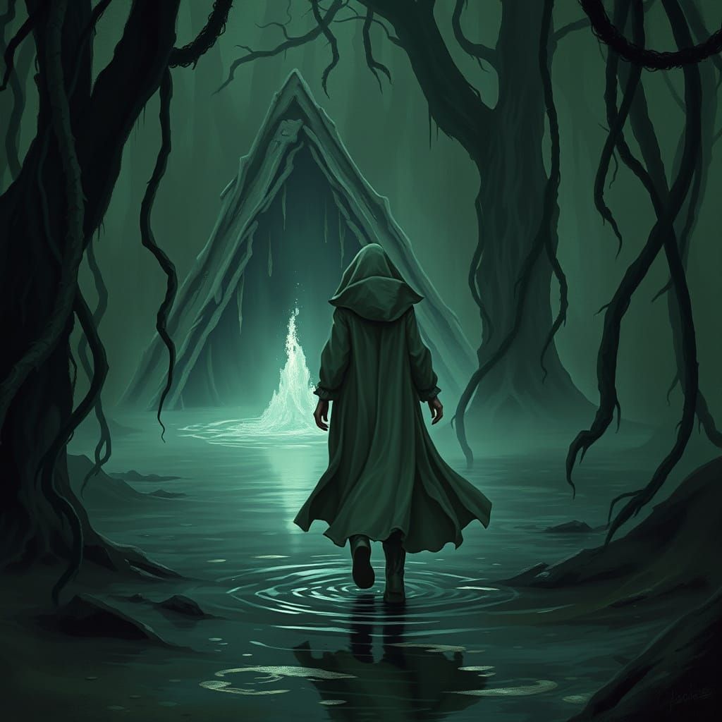 Woman's Journey Through Murky Swamp in Dreamlike Style