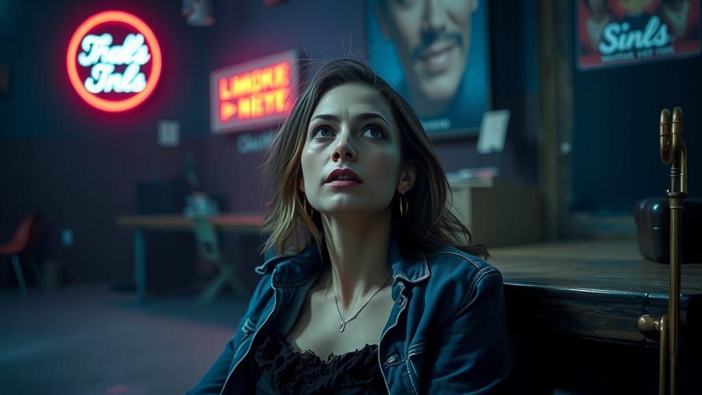 Weary Woman in a Gritty Film Noir Setting