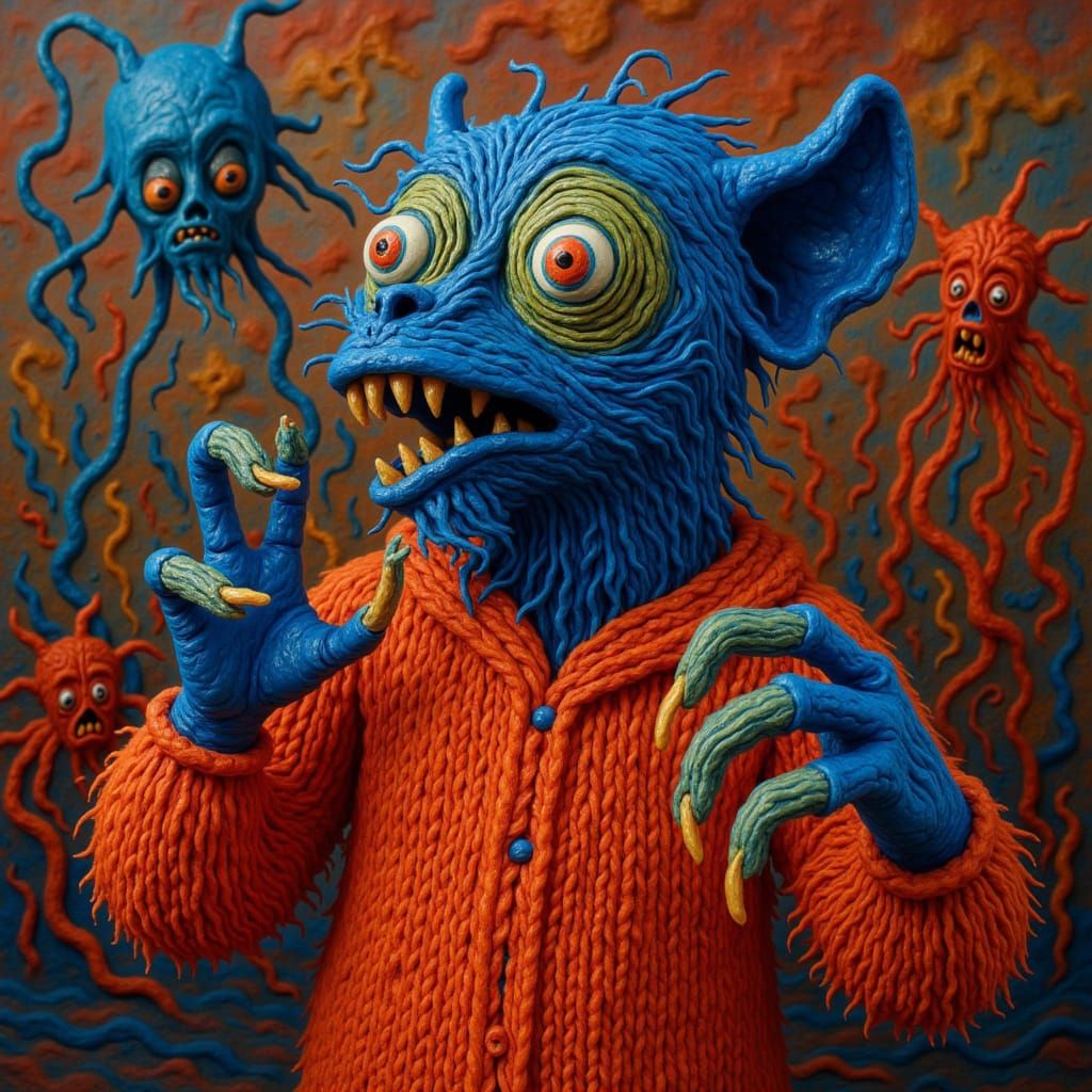 Yarn monster knitting a sweater, pop surrealism <lora:-DysTu...