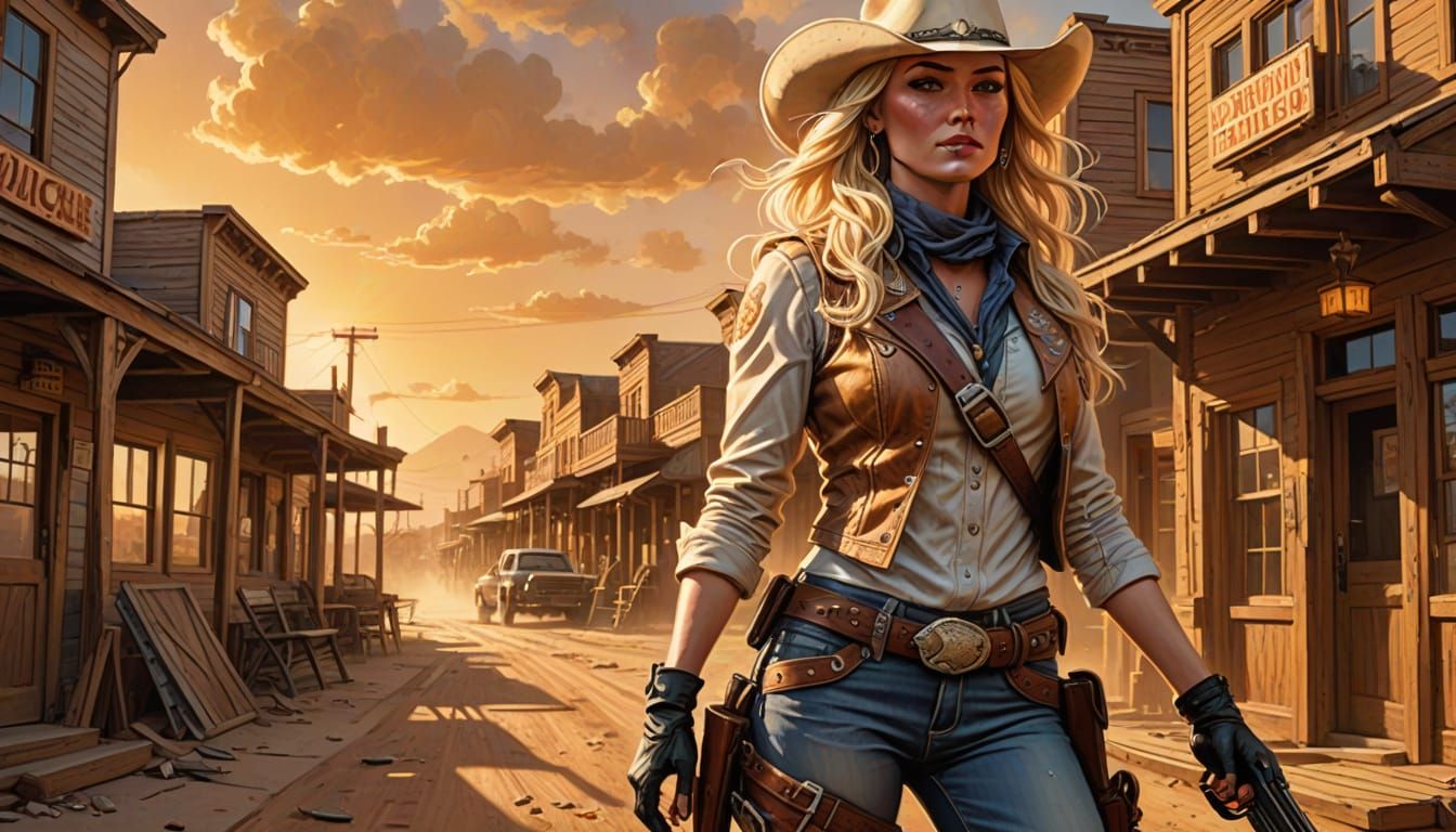 Blonde Cowgirl with Gun in Western Town as Comic Art