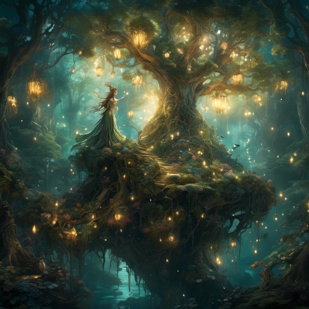 Enchanted Fey-Wild Forest with Floating Lights