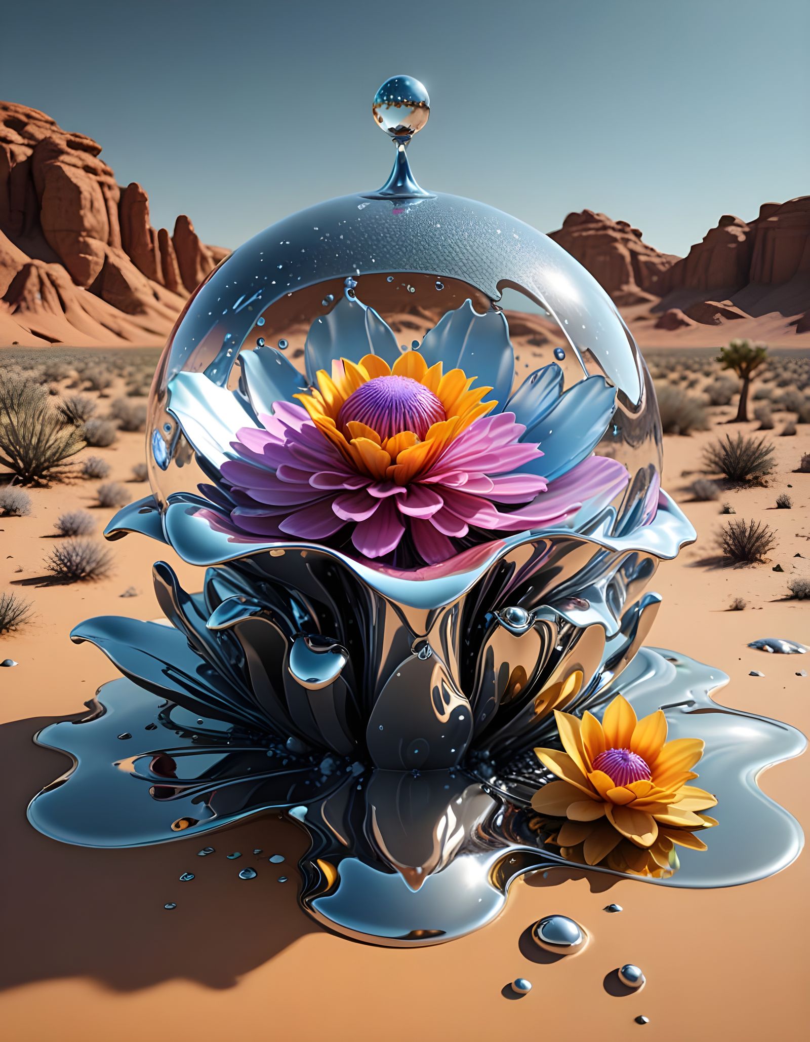 Liquid Mercury Camels in a Mercury Flower Desert