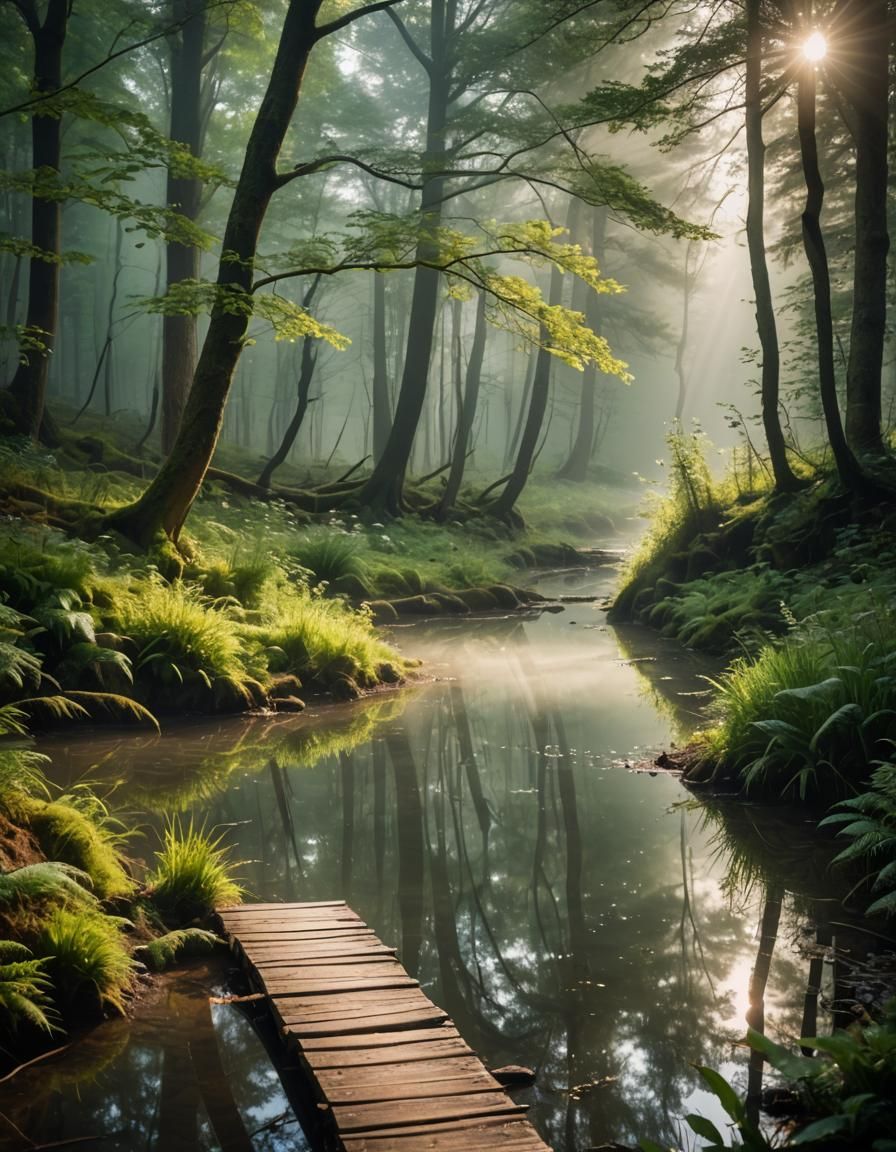 Serene Forest Path with Crystal Pond: Photography