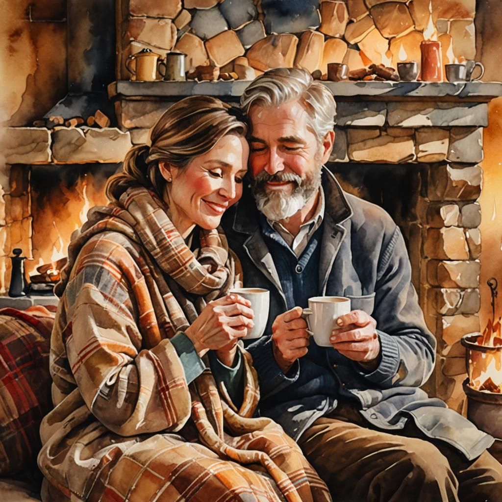 Cozy Couple by Fireplace in Watercolor Style