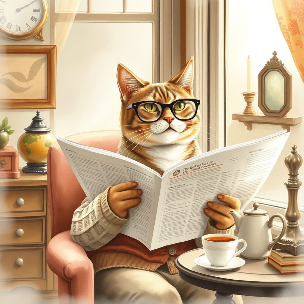Boomer Cat Enjoying Tea in Watercolor Style