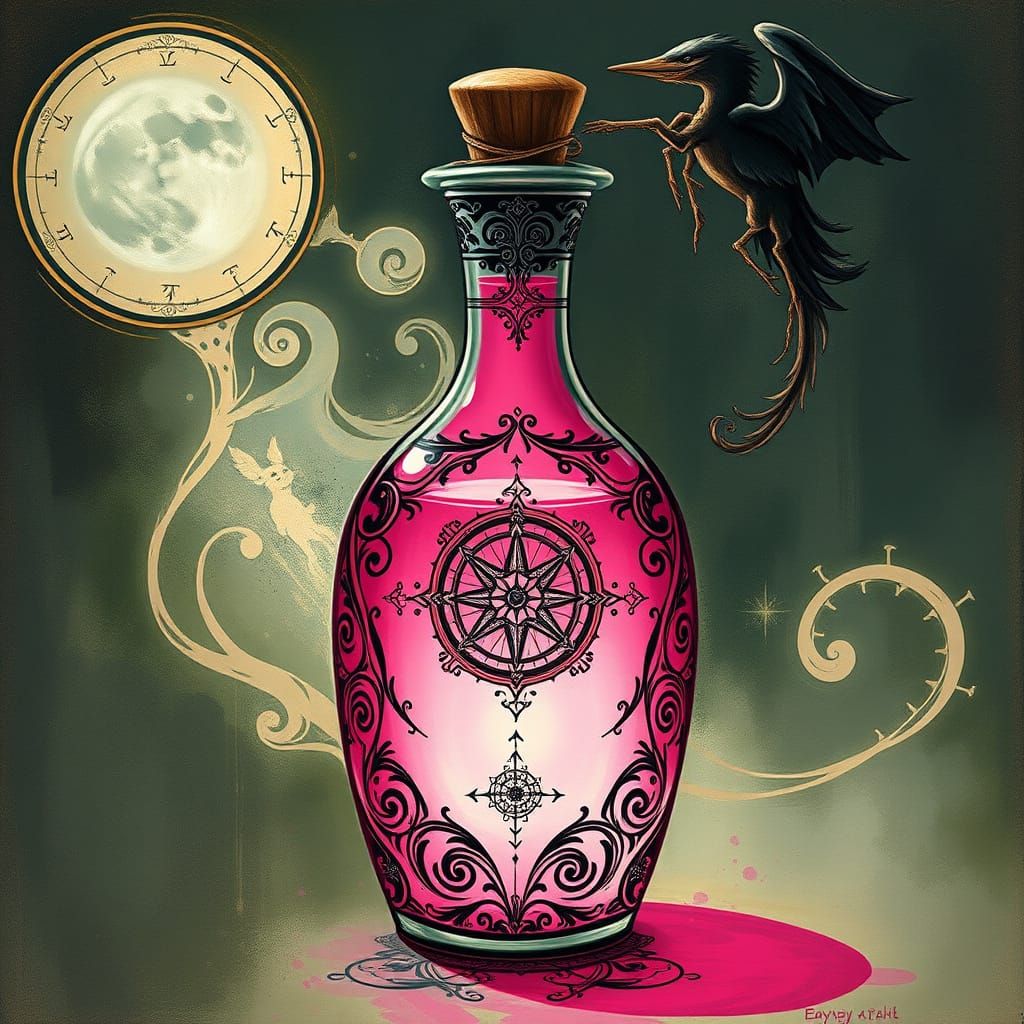 Ethereal Art Nouveau Vial Filled with Glowing Pink Potion