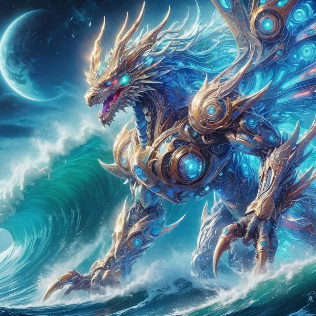 Cybernetic Dragon Over Wave in Sci-Fi Style