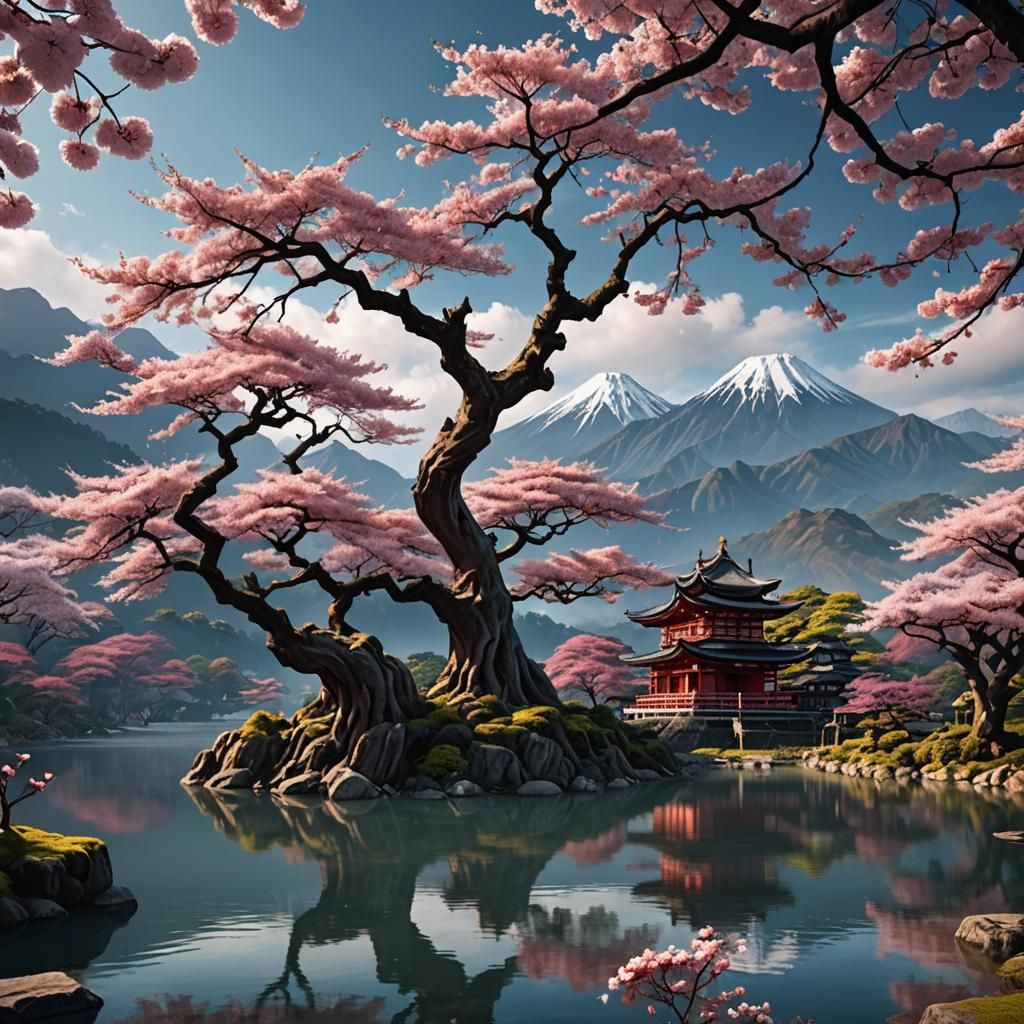 A beautiful ancient sakura tree in front of a lake. Mountain...