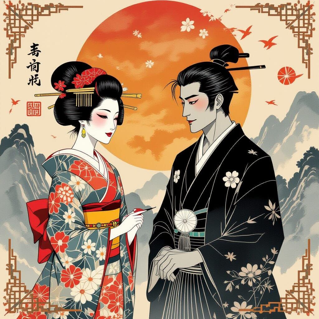 Japanese Ink Painting in Art Deco Style