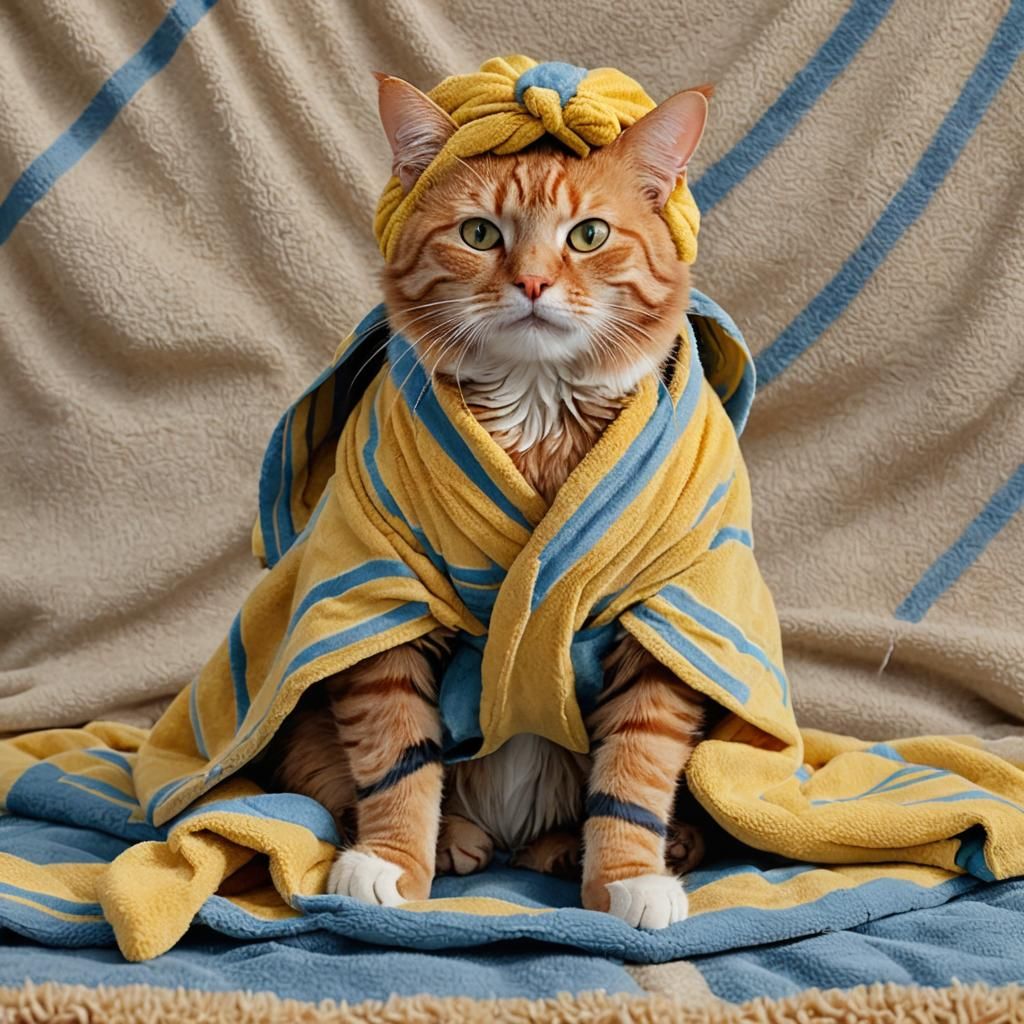 Relaxing Ginger Tabby Cat in Bathrobe