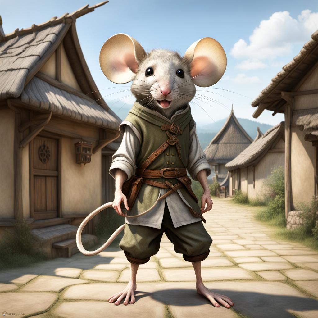 Anthropomorphic Mouse Ranger in Asian Village