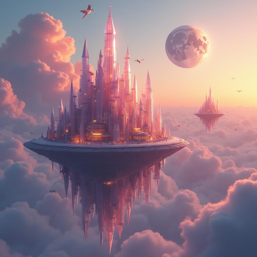 Floating Island Metropolis in a Dreamlike Sunset